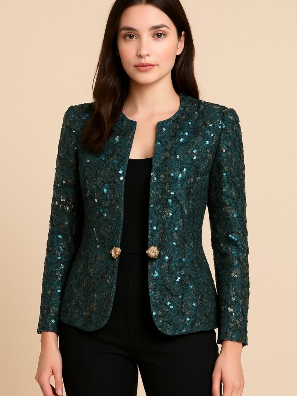 Nah Nah Collection Emerald Green Sequin Blazer with Gold Buttons